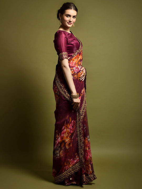 Georgette Chiffon With Flower Print With Embroidered Foil Work Saree