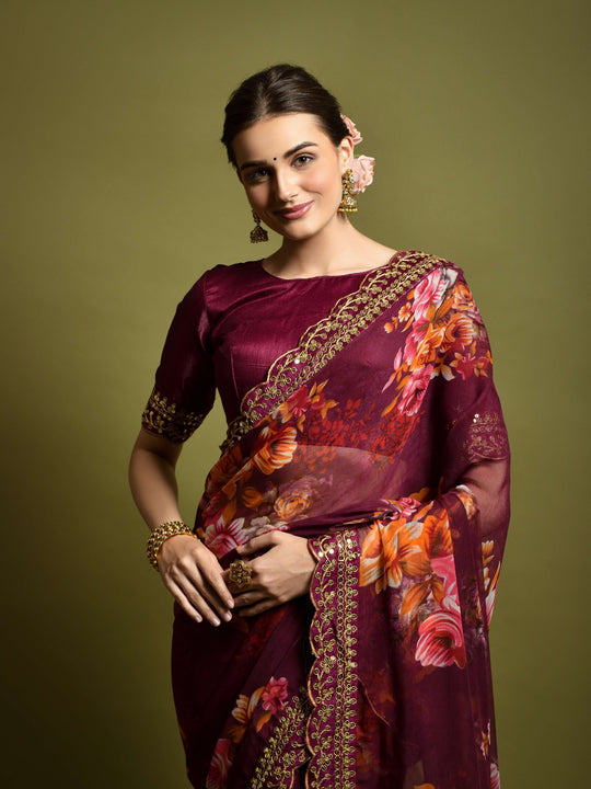 Georgette Chiffon With Flower Print With Embroidered Foil Work Saree