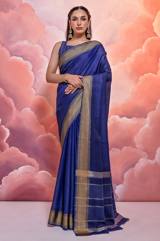 Blue Cotton Saree With Blouse Piece