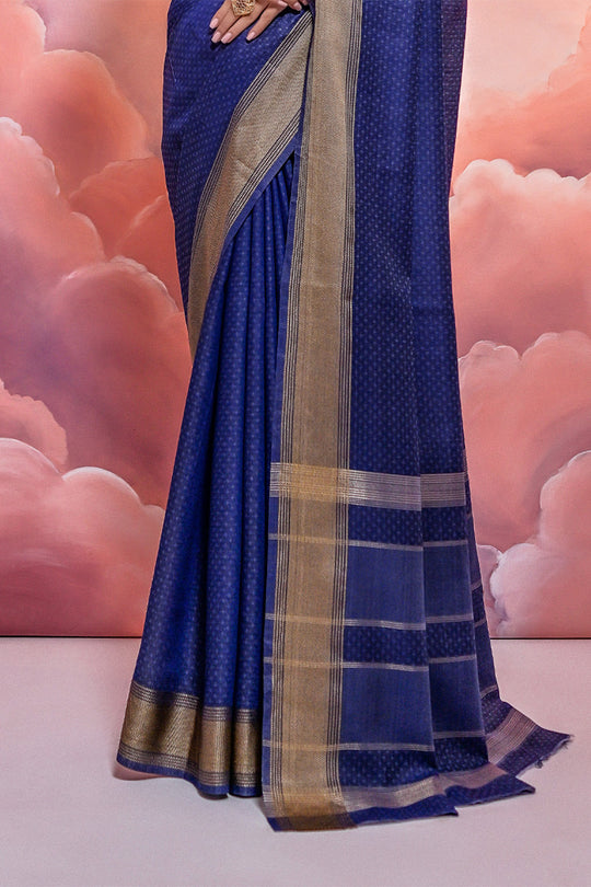 Blue Cotton Saree With Blouse Piece
