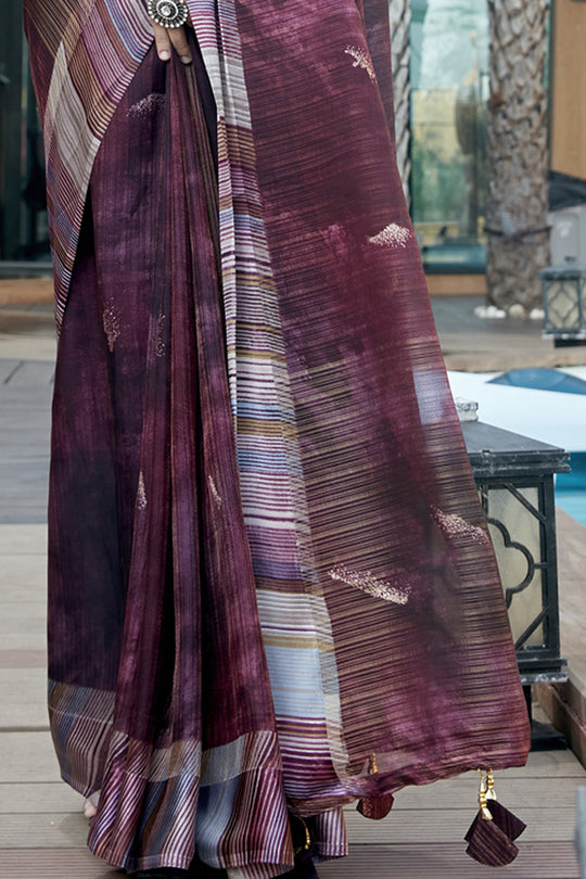 Wine Brown Organza Saree