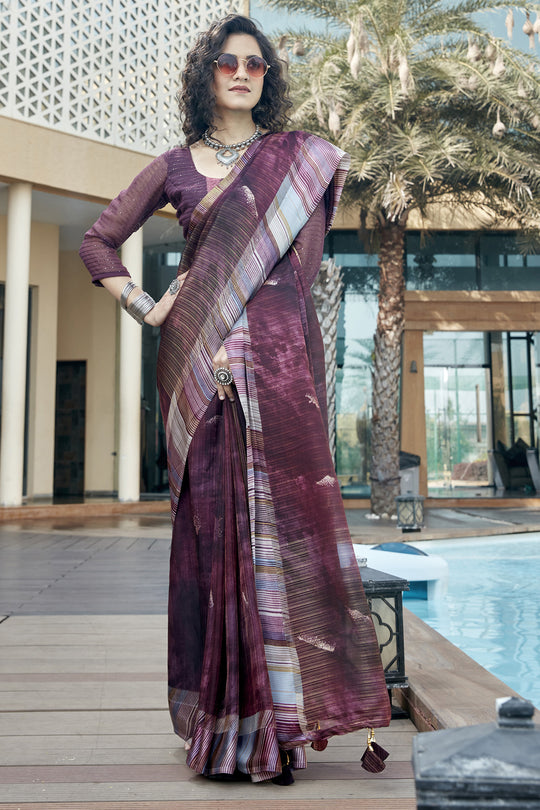 Wine Brown Organza Saree