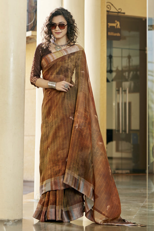Mapple Brown Organza Saree
