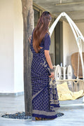 Blue Bagru Block Print Mulmul Cotton Sarees Saree With Blouse Piece