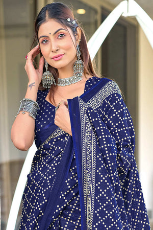 Blue Bagru Block Print Mulmul Cotton Sarees Saree With Blouse Piece