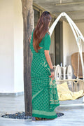 Teal Green Bagru Block Print Mulmul Cotton Sarees Saree With Blouse Piece