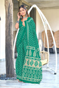 Teal Green Bagru Block Print Mulmul Cotton Sarees Saree With Blouse Piece