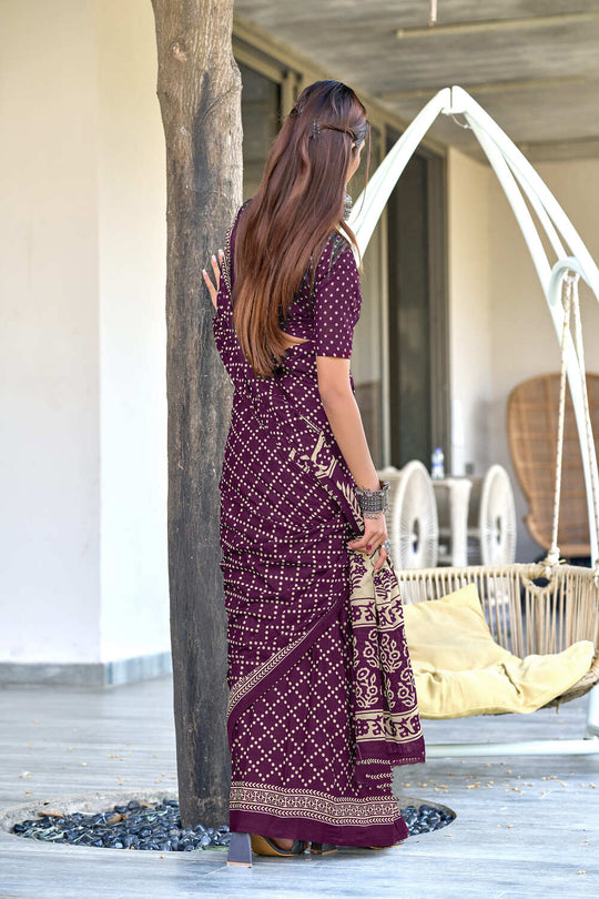 Wine Bagru Block Print Mulmul Cotton Sarees Saree With Blouse Piece