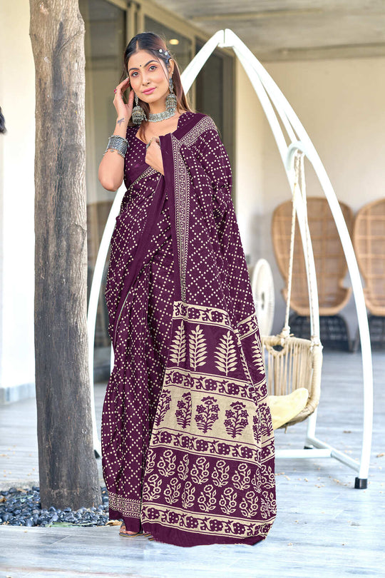 Wine Bagru Block Print Mulmul Cotton Sarees Saree With Blouse Piece