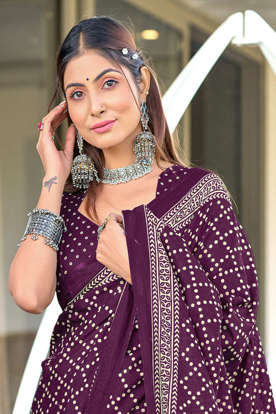 Wine Bagru Block Print Mulmul Cotton Sarees Saree With Blouse Piece