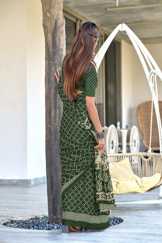 Green Bagru Block Print Mulmul Cotton Sarees Saree With Blouse Piece