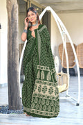 Green Bagru Block Print Mulmul Cotton Sarees Saree With Blouse Piece