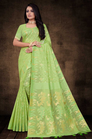 Womens Cotton Green Saree With Blouse Piece