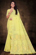Womens Cotton Yellow Saree With Blouse Piece