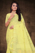Womens Cotton Yellow Saree With Blouse Piece