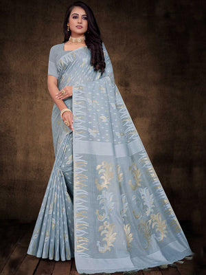 Womens Cotton Grey Saree With Blouse Piece