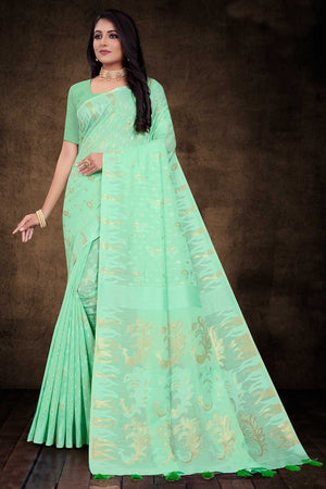 Womens Cotton Green Saree With Blouse Piece