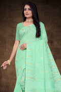 Womens Cotton Green Saree With Blouse Piece