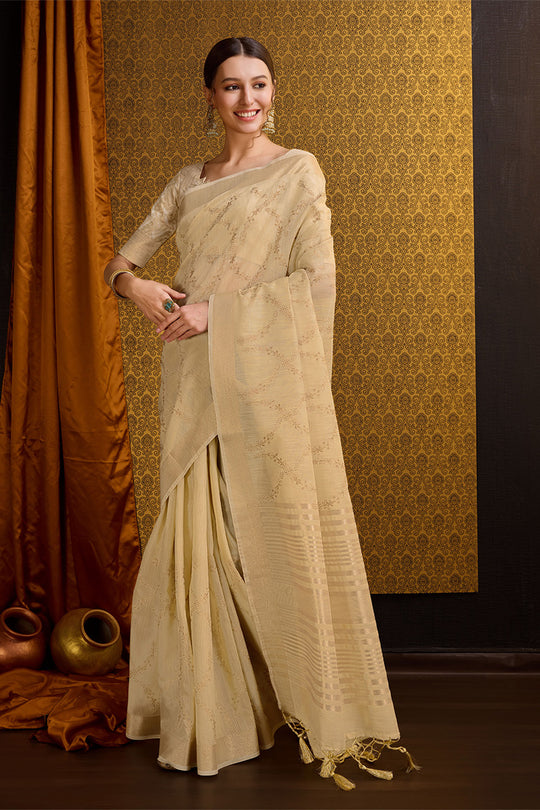 Beige Linen Blend Silk Saree With Blouse Piece
