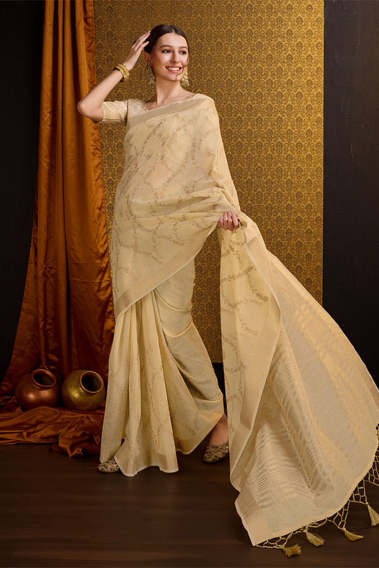 Beige Linen Blend Silk Saree With Blouse Piece