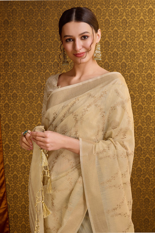 Beige Linen Blend Silk Saree With Blouse Piece
