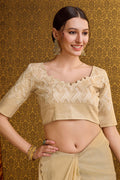 Beige Linen Blend Silk Saree With Blouse Piece