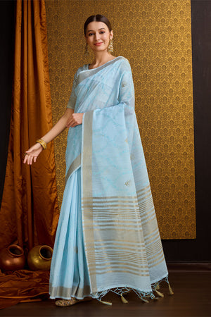 Blue Linen Blend Silk Saree With Blouse Piece