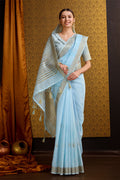 Blue Linen Silk Saree With Blouse Piece