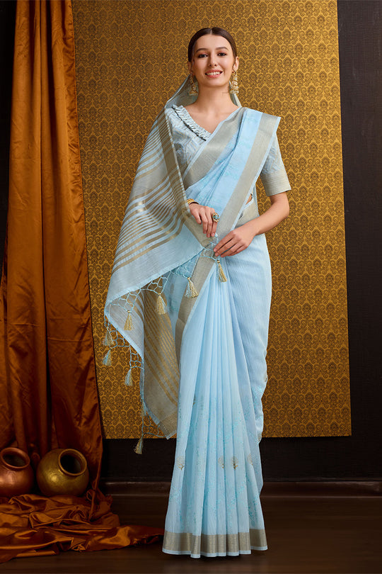 Blue Linen Blend Silk Saree With Blouse Piece