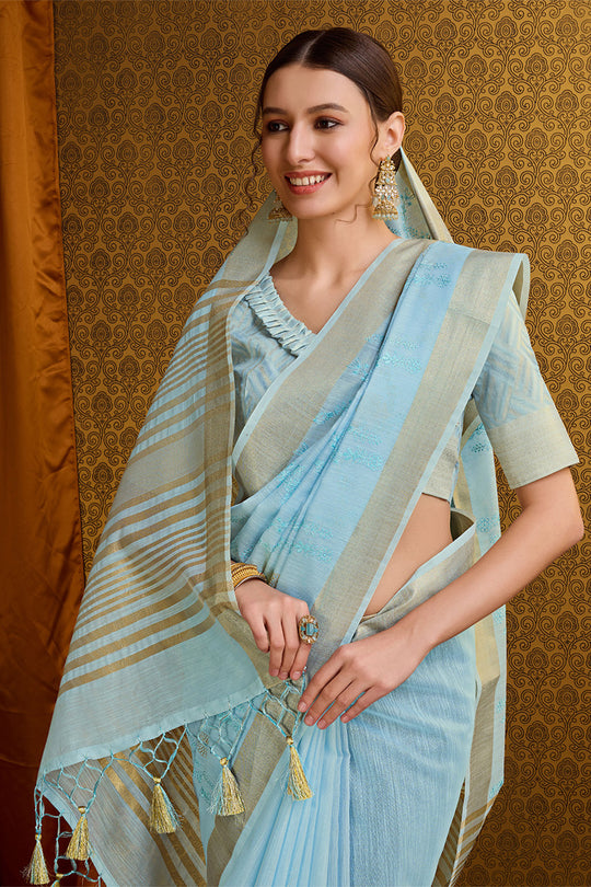 Blue Linen Blend Silk Saree With Blouse Piece
