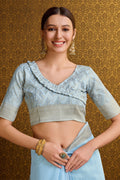 Blue Linen Blend Silk Saree With Blouse Piece