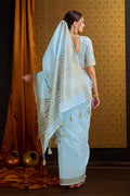 Blue Linen Silk Saree With Blouse Piece