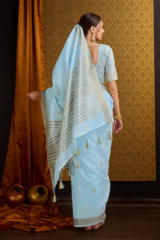Blue Linen Blend Silk Saree With Blouse Piece