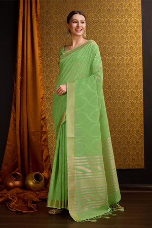 Green Linen Blend Silk Saree With Blouse Piece