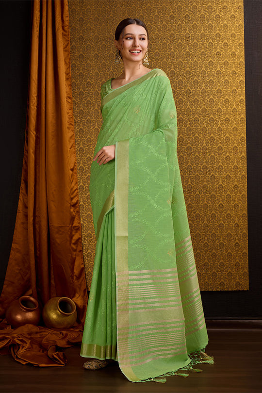 Green Linen Blend Silk Saree With Blouse Piece