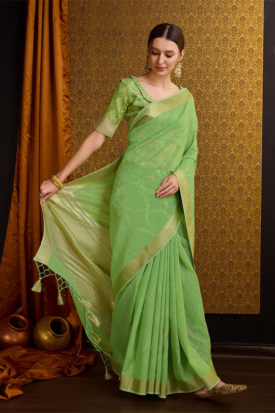 Green Linen Blend Silk Saree With Blouse Piece