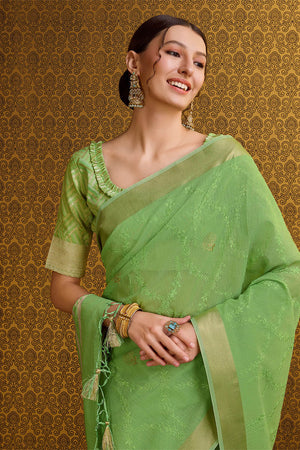 Green Linen Blend Silk Saree With Blouse Piece