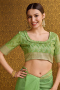 Green Linen Blend Silk Saree With Blouse Piece
