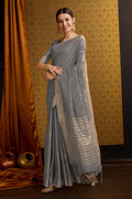 Grey Linen Blend Silk Saree With Blouse Piece