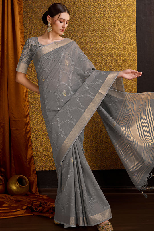 Grey Linen Blend Silk Saree With Blouse Piece
