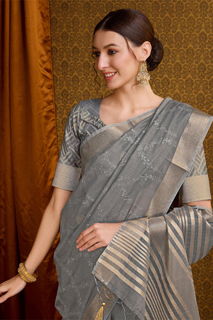 Grey Linen Silk Saree With Blouse Piece