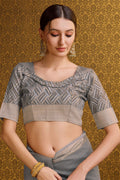 Grey Linen Blend Silk Saree With Blouse Piece