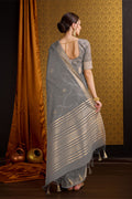 Grey Linen Blend Silk Saree With Blouse Piece