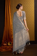 Grey Linen Silk Saree With Blouse Piece
