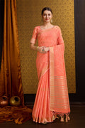 Orange Linen Blend Silk Saree With Blouse Piece