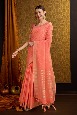 Orange Linen Blend Silk Saree With Blouse Piece