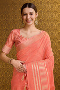 Orange Linen Blend Silk Saree With Blouse Piece