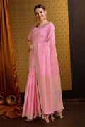 Pink Linen Blend Silk Saree With Blouse Piece