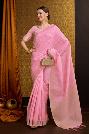 Pink Linen Blend Silk Saree With Blouse Piece