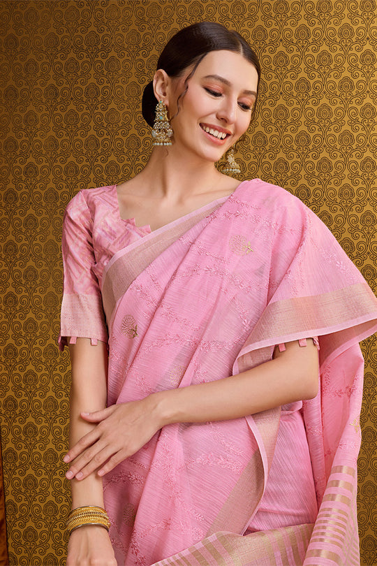 Pink Linen Blend Silk Saree With Blouse Piece